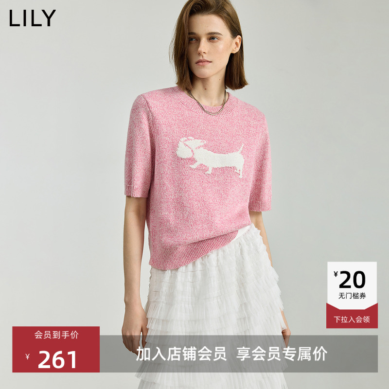 LILY腊肠犬短袖绣花撞色针织衫
