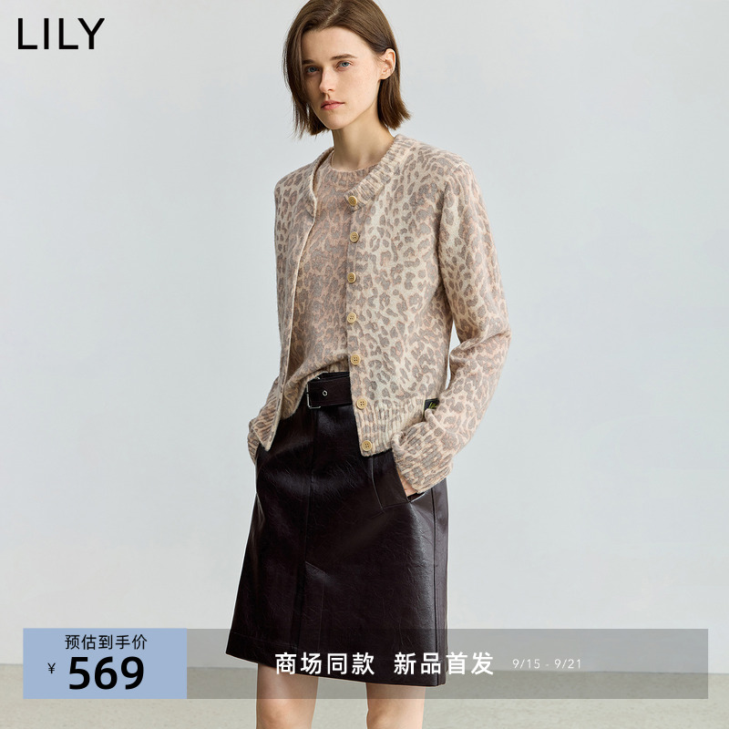 【商场同款】LILY2025秋新款羊毛混纺豹纹印花休闲通勤针织开衫女