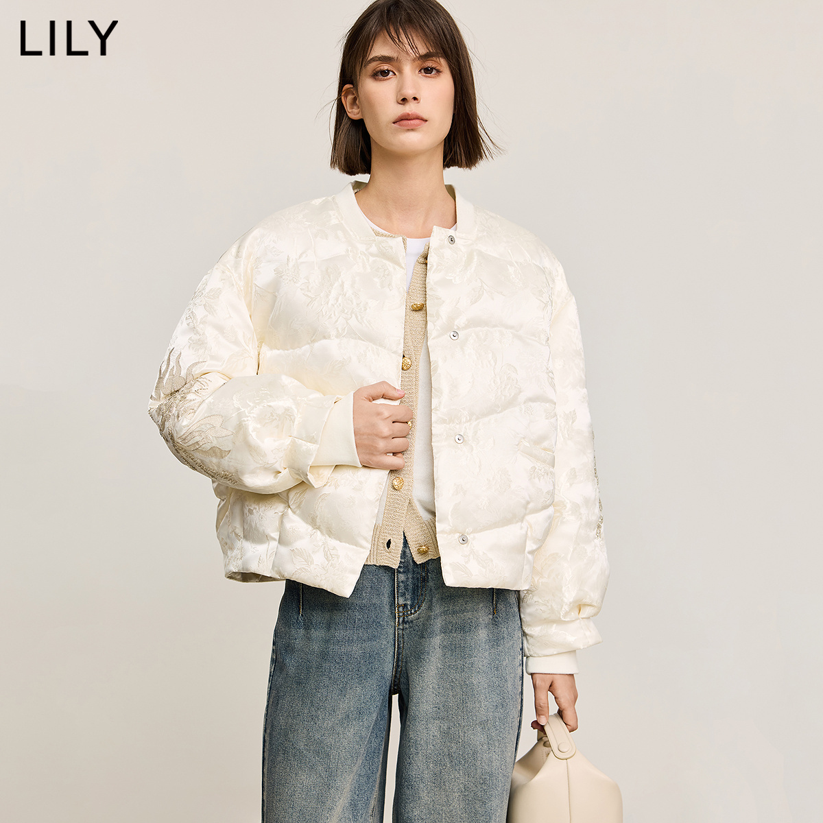 【商场同款】LILY2024冬新款女装新中式提花棒球服鸭绒羽绒服外套