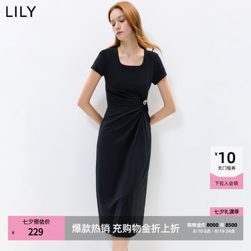 LILY方领收腰不对称纯色连衣裙
