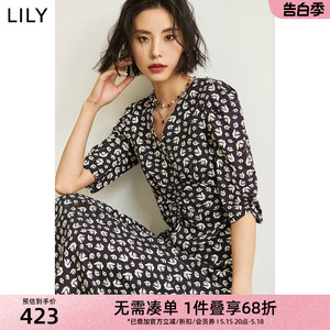 LILY2024春新款女装优雅浪漫印花设计感显瘦高腰V领收腰A字连衣裙