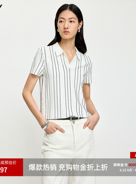 LILY2026夏新款女装复古撞色条纹翻领休闲气质通勤白色短袖针织衫