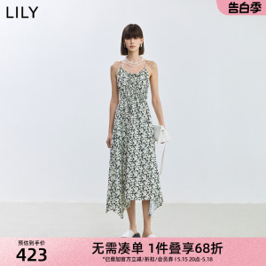 LILY2024夏新款女装复古浪漫印花优雅通勤款收腰显瘦吊带连衣裙女