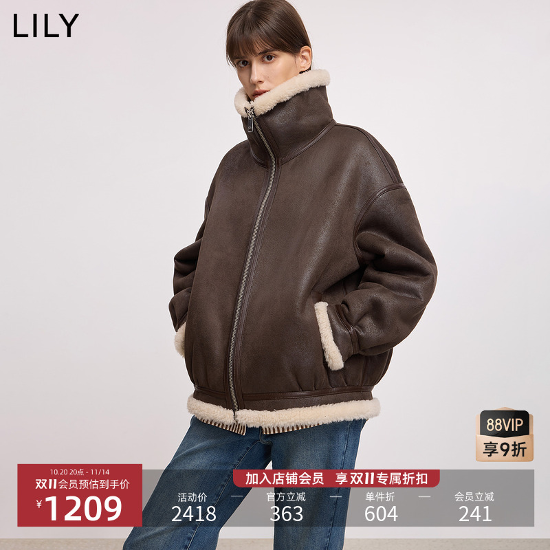 LILY2025冬新款女装含羊毛复古立领翻领宽松通勤深色机车夹克外套