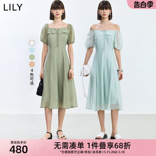 LILY2024夏新款女装浪漫微光复古方领泡泡袖长款收腰连衣裙仙女裙