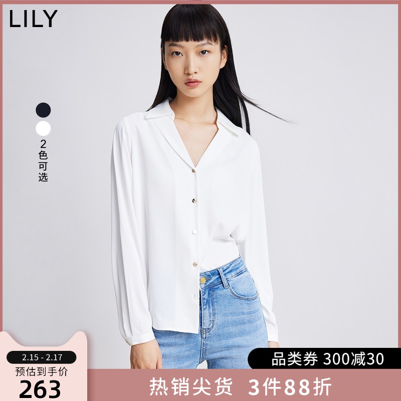 LILY2022春新款女装简约设计感V领通勤垂感宽松长袖白色雪纺衬衫