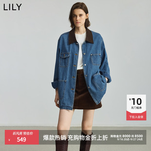 LILY2026新款牛仔外套女纯棉复古风工装翻领通勤休闲蓝色长袖夹克