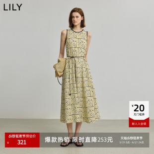 【商场同款】LILY2025新款莱赛尔亚麻印花无袖圆领A字连衣裙女