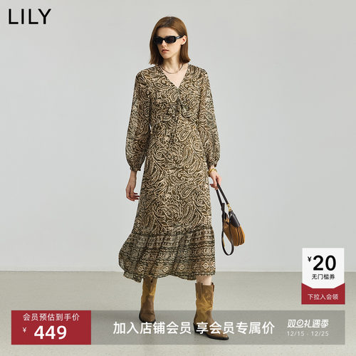 LILY雪纺复古新款V领收腰连衣裙