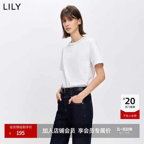 LILY纯棉钉珠女装圆领简约T恤