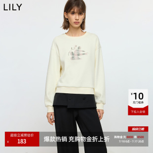 LILY2025秋冬新款撞色加厚上衣宽松百搭白色套头无帽圆领卫衣女
