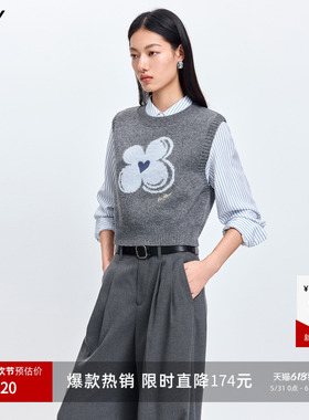 LILY2026春新款女装羊毛混纺格雷系幸运花嵌花灰色针织衫背心马甲