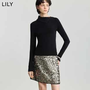 LILY2025冬新款女装含羊毛设计感休闲弹力气质通勤长袖针织衫毛衣