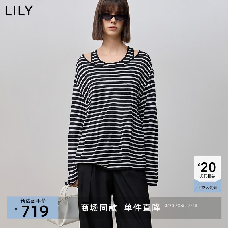 【商场同款】LILY2025春黑白撞色条纹宽松慵懒落肩休闲针织衫女