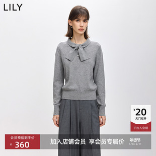 LILY2026春秋新款女装蝴蝶结气质休闲通勤灰色长袖针织衫毛衣上衣
