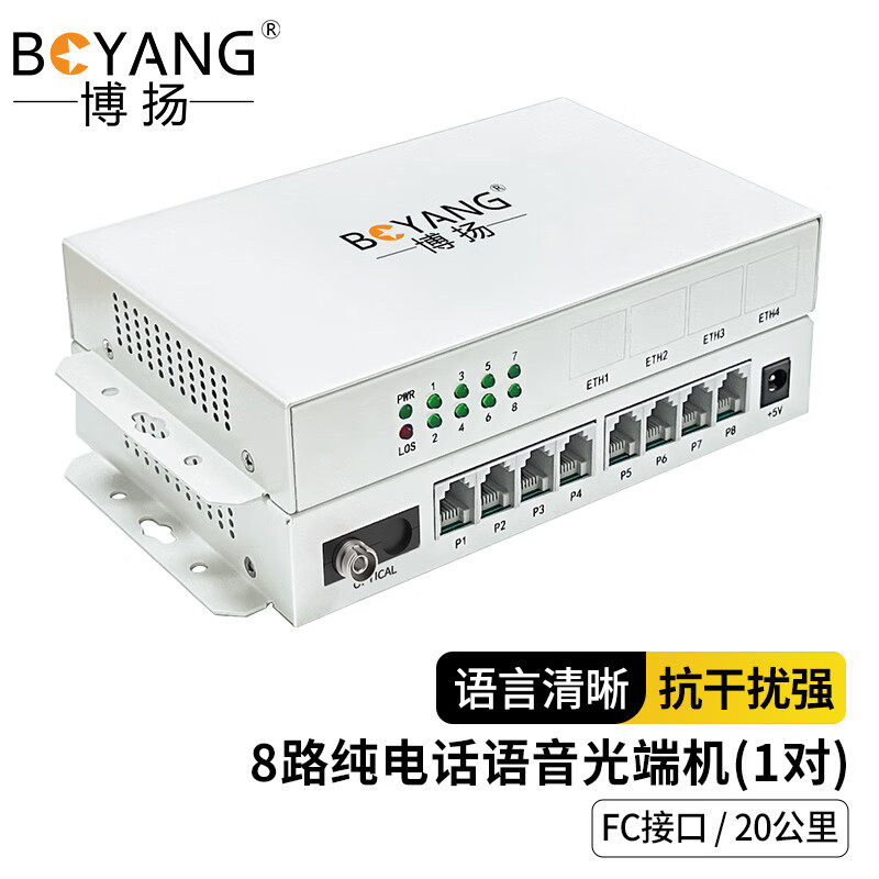 博扬 数字电话光端机8路纯电话语音 对讲音频 光纤传输BY-8P-40KM