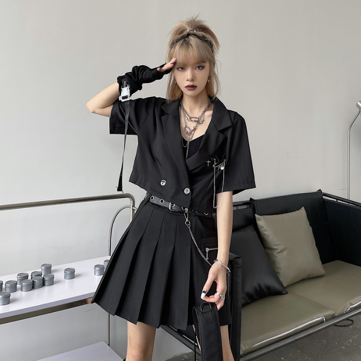 网红炸街两件套夏甜酷JK套装女短款短袖小西装+高腰防走光百褶裙,女装/女士精品,时尚套装,淘宝优惠券,粉丝福利购,淘宝优惠卷