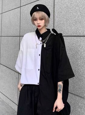 衬衫女设计感小众复古黑白拼接短袖衬衣外套夏季ins宽松bf上衣潮