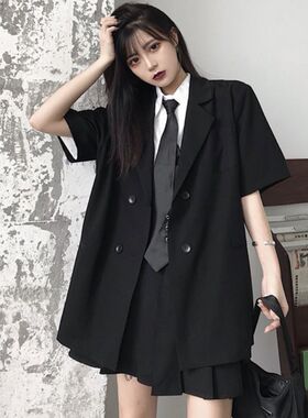 上衣女2025年新款夏季韩版ins宽松黑色半袖小西装短袖薄款外套潮