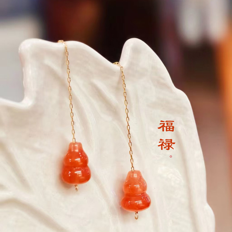 天然南红玛瑙耳线 18K金 葫芦 本命年 中国风 流苏耳饰耳环 女