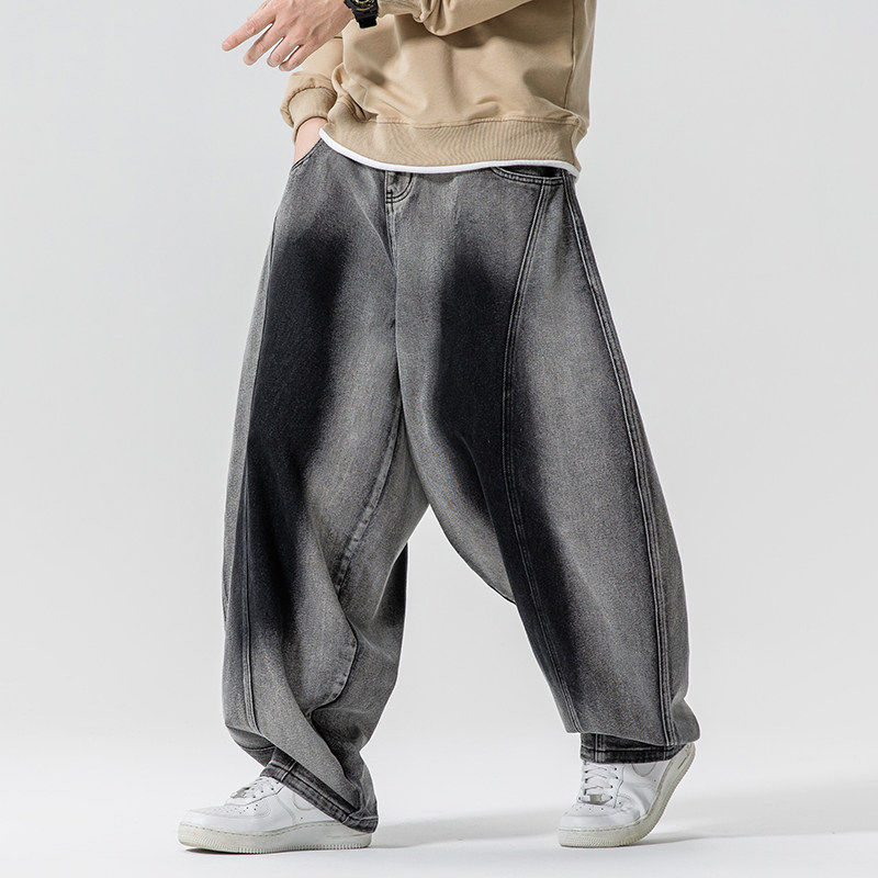 日系复古牛仔裤男宽松直筒裤子渐变色阔腿裤美式休闲青年长裤春秋