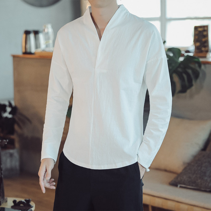 中国风男装居士服棉麻t恤男长袖民族风亚麻打底衫v领禅修服上衣服