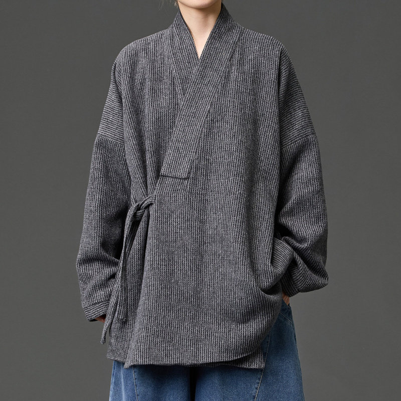 中式复古禅修居士服男宽松斜襟道袍中国风改良汉服唐装毛呢外套潮