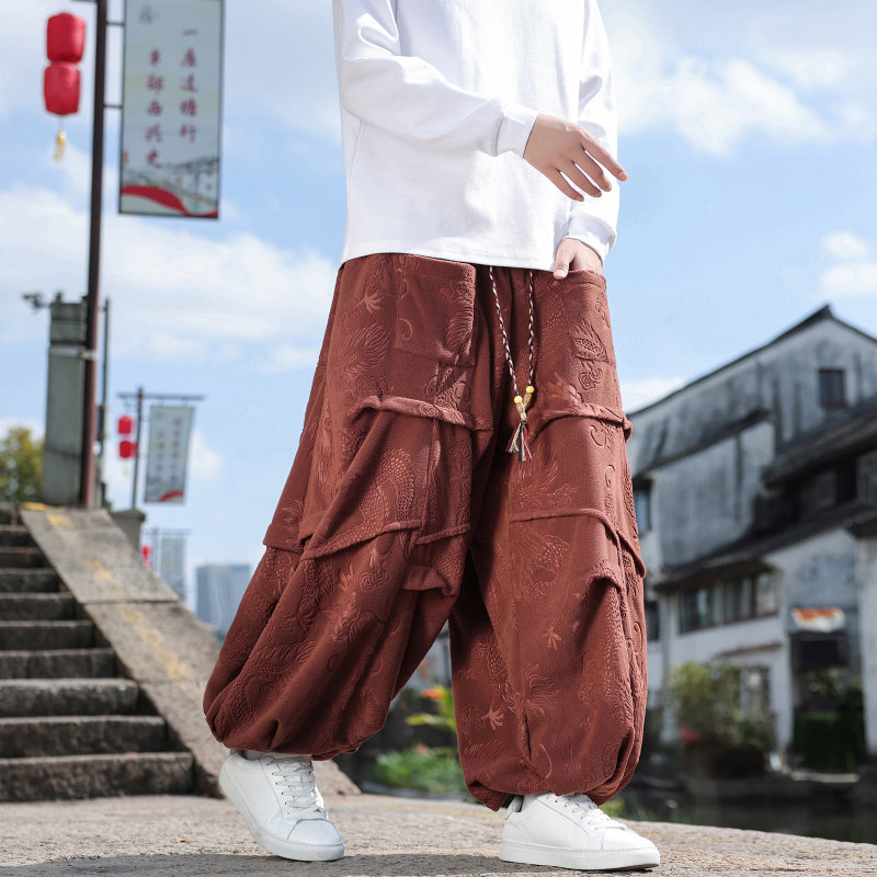 中国风男装羊羔毛休闲裤男宽松阔腿长裤束脚哈伦裤龙纹折褶灯笼裤,男装,休闲裤,淘宝优惠券,粉丝福利购,淘宝优惠卷