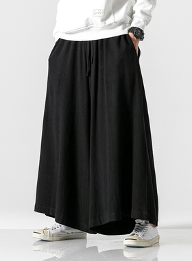 秋春学院风裙裤男日系黑色显瘦棉麻休闲裤大码阔腿裤宽松百搭裤子