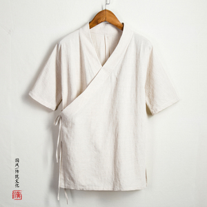 中式短打汉服男大斜襟古风佛系居士秀禾棉亚麻短袖禅修kimono道袍