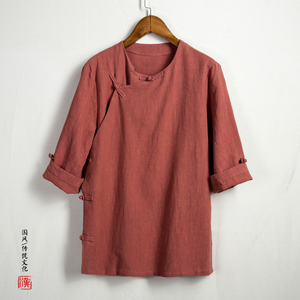 秋夏中国风男装亚麻上衣中式斜襟盘扣汉服男青年唐装宽松棉麻T恤