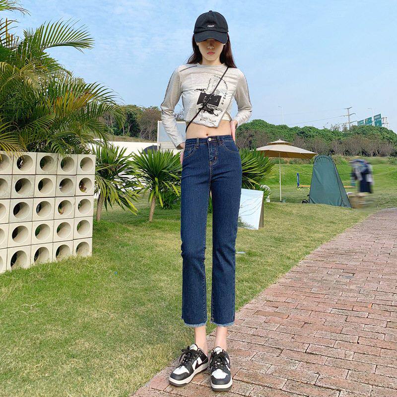 高腰潮牌春秋薄款八分九分裤阔腿牛仔裤学生直筒裤女生