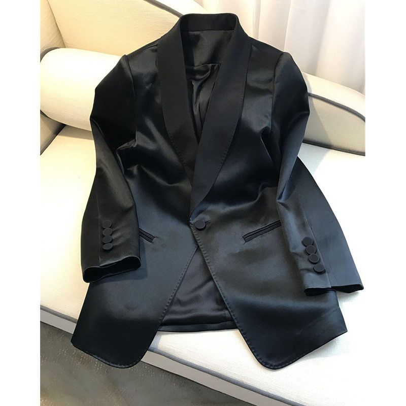 高级酷醋酸小西装外套女春秋新款帅气黑色复古中长款缎面西服上衣