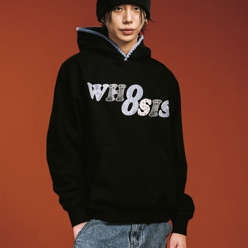 WHOOSIS（不知其名）碎花牛仔贴布袖帽衫毛绒猫爪连帽卫衣官方店