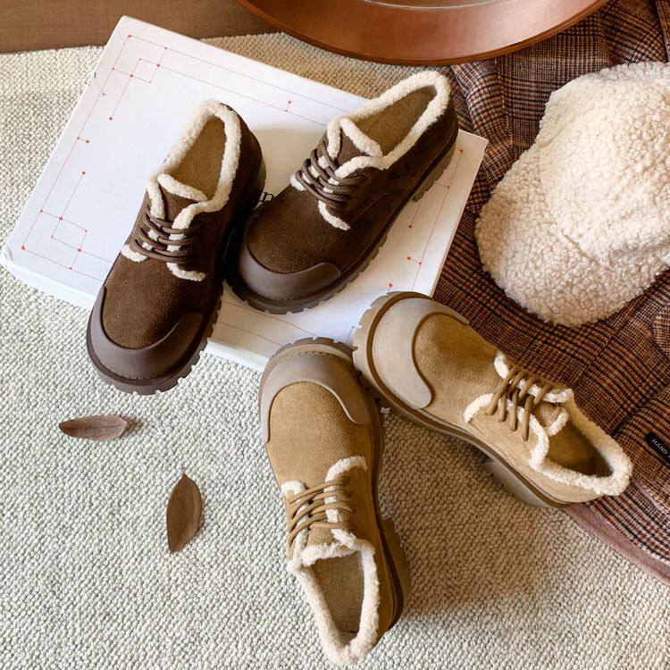 圆头松糕底羊毛羊绒混纺牛反绒（磨砂皮）休闲棉鞋