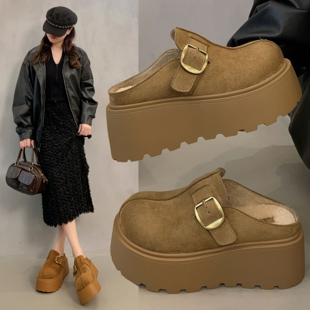 8CM～厚底增高勃肯鞋女秋冬加绒2025新款包头半拖鞋博肯外穿棉拖
