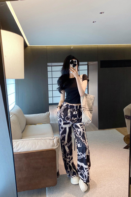 【高品质实拍】老钱风冰丝链条印花阔腿裤女直筒裤垂感气质长裤