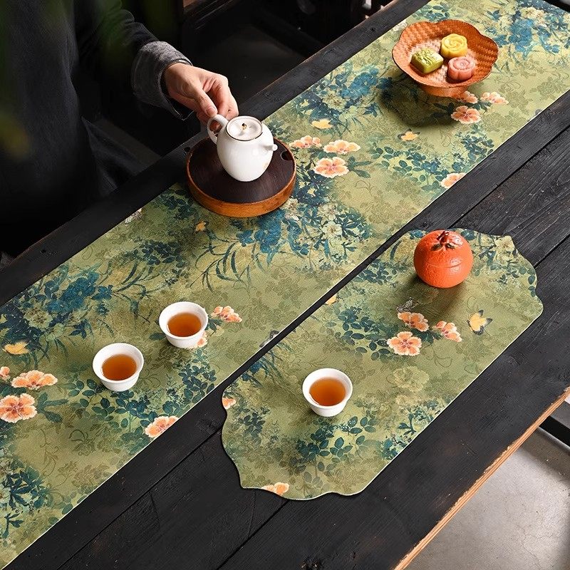 新中式茶席花卉图案布艺干泡席茶桌垫绿色古典茶道垫