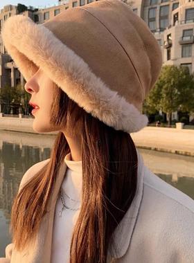 日本RX毛绒渔夫帽羊羔加厚毛毛帽子女冬天保暖防寒防风护耳蒙古帽
