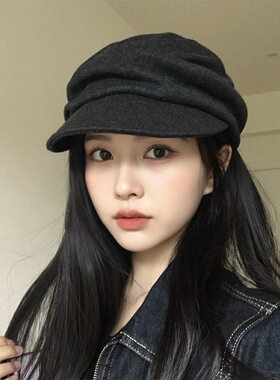 日本RX黑色褶皱八角帽日系秋冬季显脸小马术帽复古云朵贝雷帽子