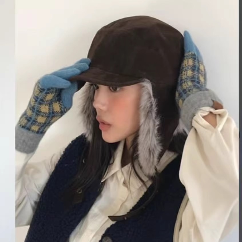 日本RX小众纯色加厚飞行帽子保暖毛绒拼接雷锋帽百搭护耳鸭舌帽冬