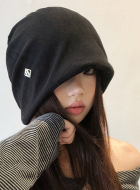 日本RX黑色堆堆帽子女秋冬日系大头围保暖宽松月子包头帽子冷帽