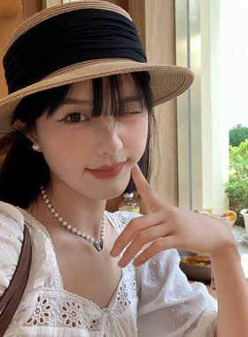 日本RX法式草编平顶遮阳帽子女夏季小檐度假时尚百搭褶皱日系礼帽