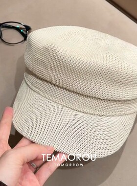 日本RX春夏季薄款棉麻鸭舌帽休闲八角帽子女编织遮阳平顶报童帽