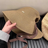 日本RX大帽檐灯罩草帽法式 环绕全脸遮阳防晒女夏系带透气可扎马尾