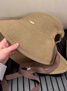 日本RX大帽檐灯罩草帽法式环绕全脸遮阳防晒女夏系带透气可扎马尾