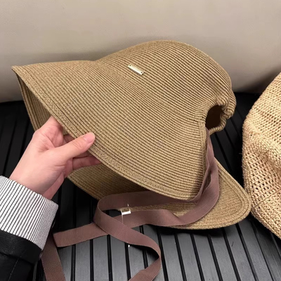 日本RX大帽檐灯罩草帽法式环绕全脸遮阳防晒女夏系带透气可扎马尾