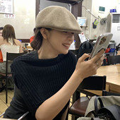 韩国ANGEL毛线针织前进帽子女显脸小秋冬百搭复古报童网红贝雷帽