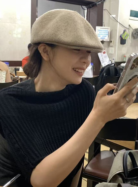 韩国ANGEL毛线针织前进帽子女显脸小秋冬百搭复古报童网红贝雷帽