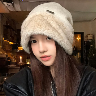 日本RX日系毛绒堆堆帽子女大头围防寒针织帽子冬天护耳包头冷帽